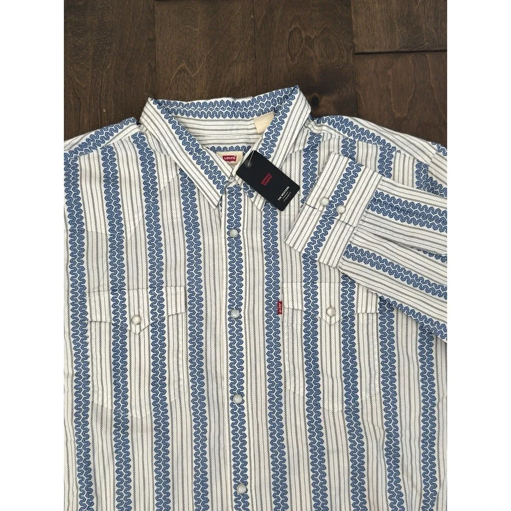 NWT Levis Western Standard Fit Long Sleeve Pearl Snap Shirt Wave Print Blue 2XL